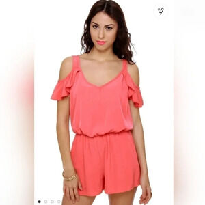 Lulus Medium Ruf-Full House Coral‎ Romper Ruffle Off The Shoulder Sleeve V-neck